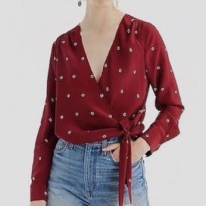 Burgundy Dotted Silk Wrap Top